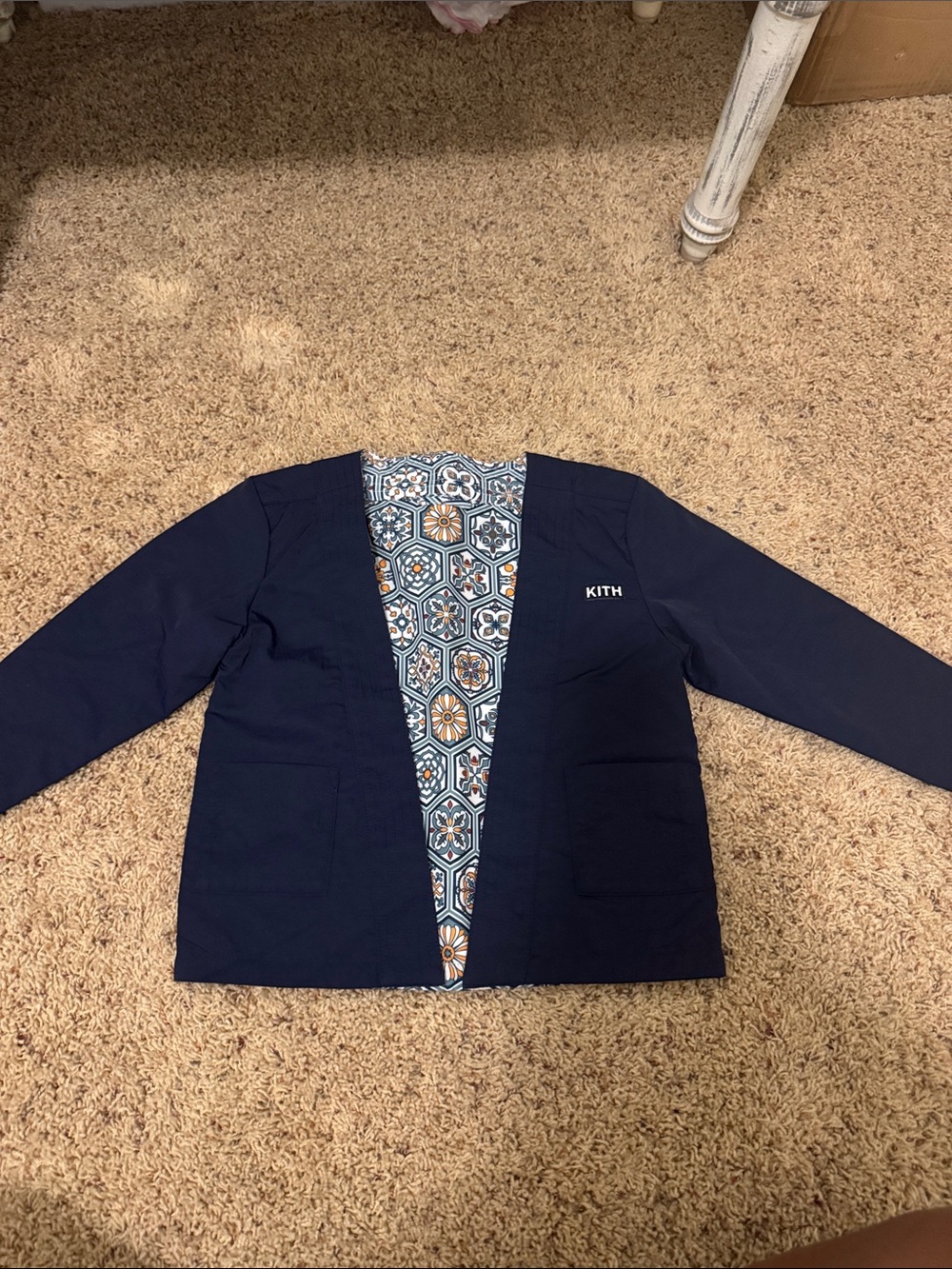 Kith Navy Open-Front Blazer with Patterned Interior